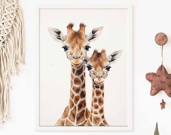 Two Giraffes Nursery Print, Safari Animal Wall Art, Nursery Decor, Giraffe Poster, Cute Giraffe Print
