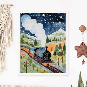 Impresión de tren, arte de pared de tren, póster de tren de vapor, arte de pared de habitación de niños, decoración de habitación de niños, decoración de sala de juegos de niños