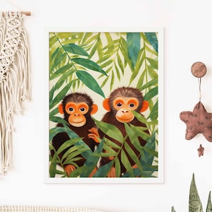 Monkey Print, Jungle Animals Nursery Print, Safari Animal Print, Scandi Nursery Decor, Playroom Prints, Scandi Kids Art