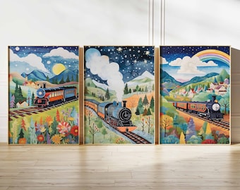 Set Of 3 Train Print, Train Wall Art, Steam Train Poster, Boys Room Wall Art, Kids Room Decor, Boys Playroom Decor