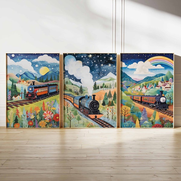 Set Of 3 Train Print, Train Wall Art, Steam Train Poster, Boys Room Wall Art, Kids Room Decor, Boys Playroom Decor