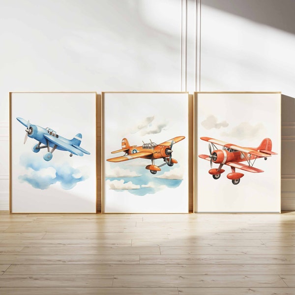 Airplane Poster Set of 3, Plane Poster, Aviation Wall Art, Vehicle Prints, Boys Room Wall Art, Kids Room Decor, Watercolor Art