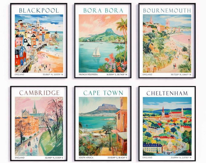 SET OF 6 custom travel prints, Any City Any Country City prints travel poster Custom personalised wall art personalised gift