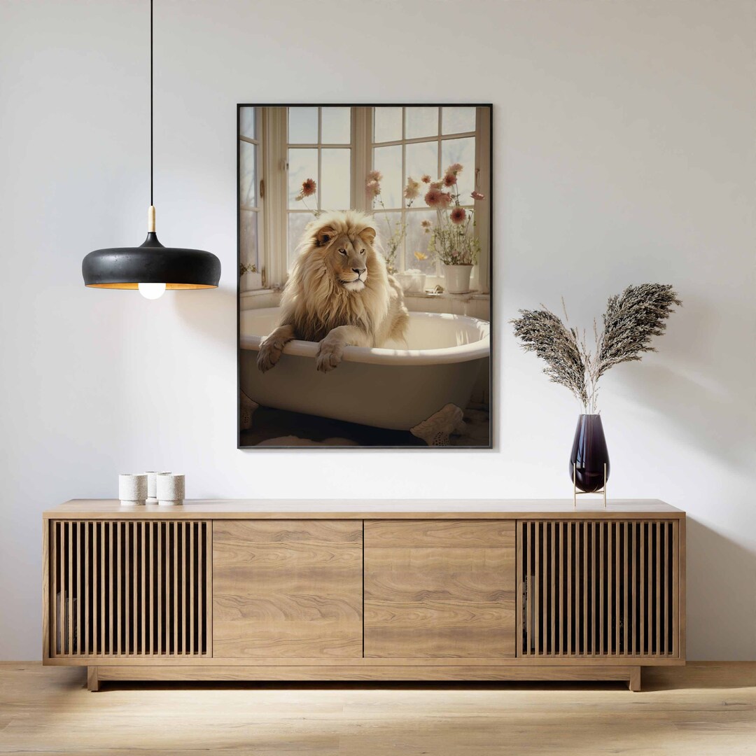 Lion in Tub Wall Art, Lion Art, Bathroom Art Print, Funny Bathroom Wall