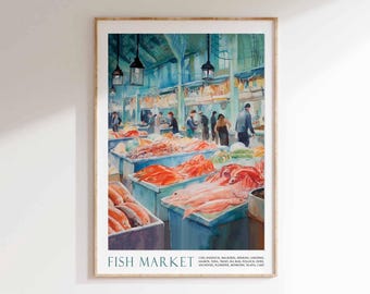 Fish Market Poster, Seafood Market Art, Kitchen Art Print, Fish Art Print, Fish Market Print, Fish Stall Decor, Fish Market Scene Art,