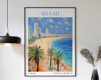 Miami Travel Print, Miami Poster, Miami Wall Art, Miami Beach Art, South Florida Decor, Miami Skyline Print, Miami Travel Gift