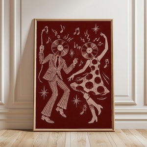 Retro Dancing Vinyl Record Heads Poster | Vintage Music Print | Indie Room Decor | 1970s Groove Aesthetic