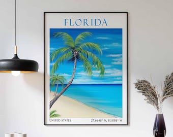 Florida Travel Print, Florida Travel Poster, Miami Art, United States Travel Decor, Florida Travel Gift, Vintage Wall Art, Florida Wall Art