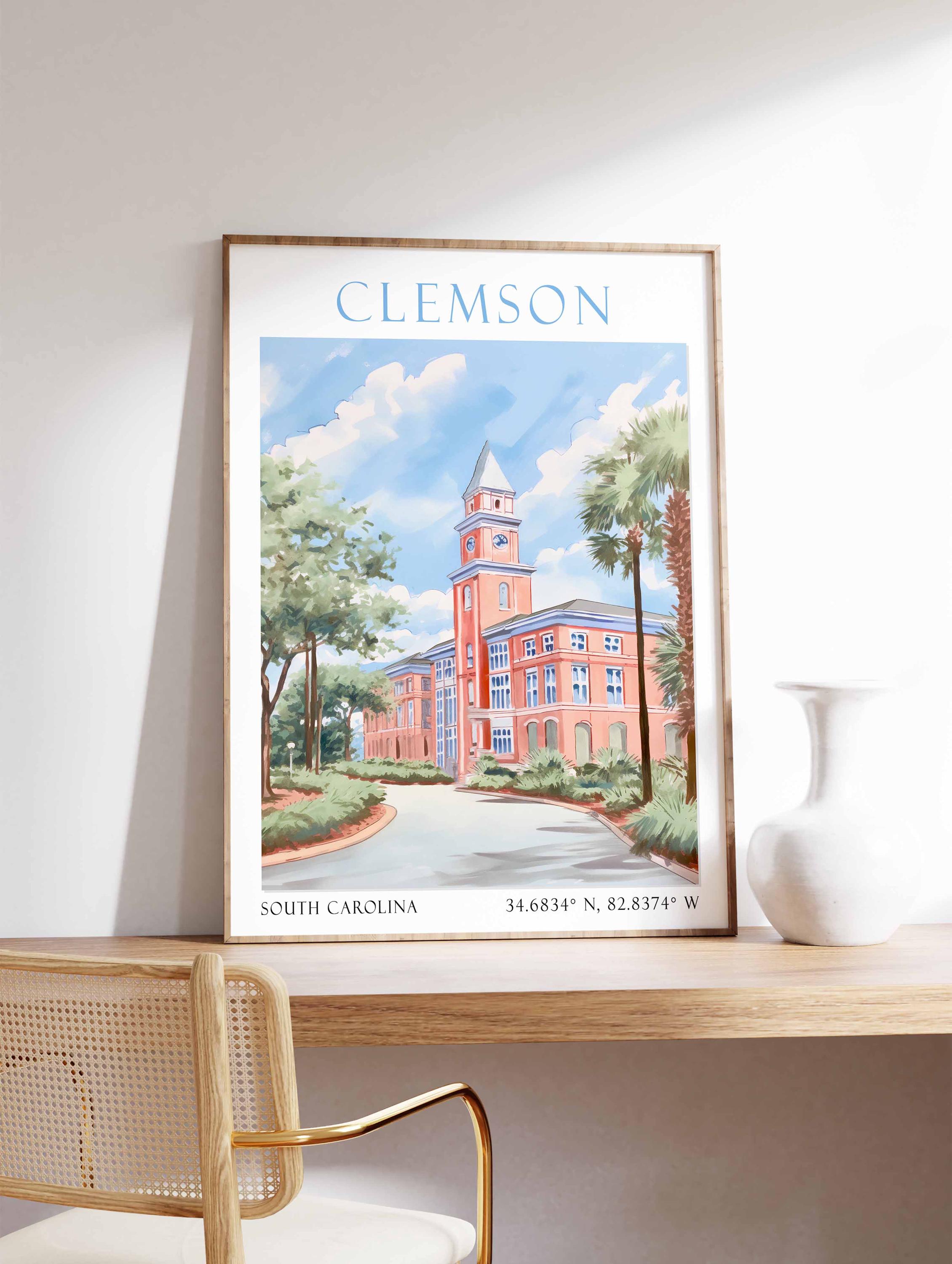 Clemson Print, Clemson Vintage Poster, Clemson Travel Wall Art, Clemson South Carolina, Clemson Travel Print, Clemson, South Carolina, USA