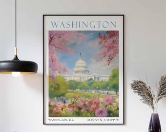 Washington DC Captiol Travel Poster, USA Travel Print, Vintage Wall Art, Washington DC Wall Decor