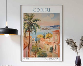 May include: A vintage travel poster featuring a watercolor illustration of Corfu, Greece. The poster depicts a palm tree, colorful buildings, and a view of the ocean. The text "CORFU" is at the top of the poster, and "GREECE" and the coordinates "39.6243° N, 19.9217° E" are at the bottom.