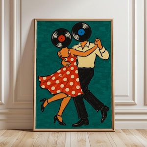 Retro Dancing Couple Poster | Vinyl Record Head Print | Mid Century Music Poster | Retro Living Room Decor
