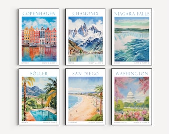 Puede incluir: Seis pósters de viaje vintage con ilustraciones de acuarela de varias ciudades y monumentos. Los pósters están enmarcados en negro y tienen texto blanco con el nombre de la ciudad, el país y las coordenadas. Las ciudades que se muestran son Copenhague, Chamonix, las cataratas del Niágara, Söller, San Diego y Washington.