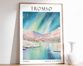 May include: A watercolor painting of Tromso, Norway, with the Northern Lights in the sky. The city is located on a fjord with mountains in the background. The text "Tromso, Norway 69.6492° N, 18.9553° E" is at the bottom of the image.