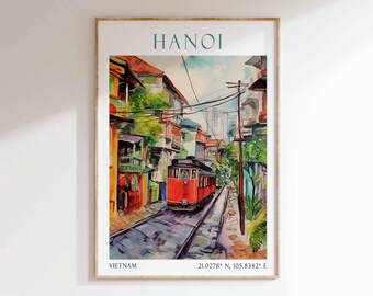 Hanoi Vietnam Art Print – Train Street Poster, Old Quarter Wall Art, Hanoi Train Poster, Vietnam Travel Decor, Southeast Asia Illustration
