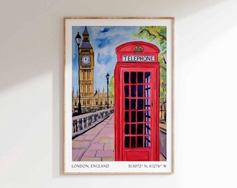 London Travel Print, London Travel Poster, Vintage London Art, Red Phone box London, London Travel Gift, Vintage Travel Decor