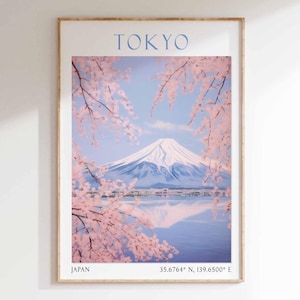 Affiche de Tokyo, art du mont Fuji et des cerisiers en fleurs, impression paysage de Tokyo, décoration de voyage au Japon, impression de fleurs de cerisier de Tokyo