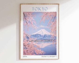 Tokyo Poster, Mount Fuji and Cherry Blossom Art, Tokyo Landscape Print, Japan Travel Decor, Cherry Blossom Print Tokyo