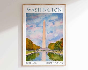 Washington DC Captiol Travel Poster, Washington Monument, USA Travel Print, Vintage Wall Art, Washington DC Wall Decor