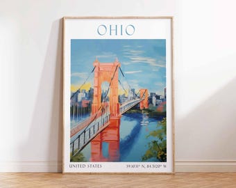 Impressão de Cincinnati, arte de parede de Ohio, arte vintage, paisagem urbana de Cincinnati, impressão de Ohio, decoração de parede dos EUA, arte para impressão