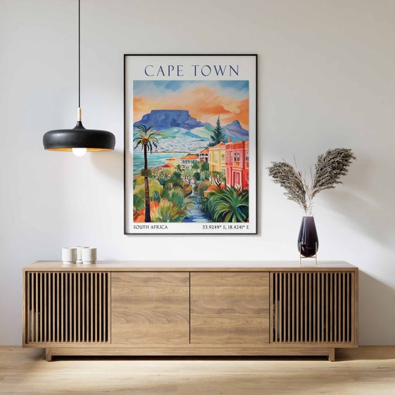 Cape Town Travel Print, Cape Town Travel Poster, South Africa Wall Art, Table Mountain Art, Vintage Cape Town Poster, Vintage Travel Decor