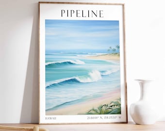 Pipeline Hawaii Poster, North Shore Surf Art, Banzai Pipeline Print, Ocean Wave Wall Decor, Tropical Beach Surfing Poster