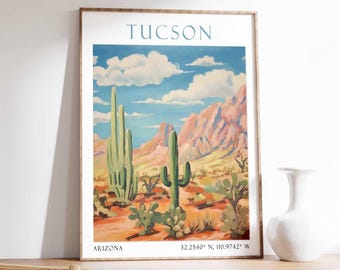 Tucson Desert Poster Print, Arizona Landscape Wall Art, Sonoran Desert Decor, Southwest Nature Print, Cactus Sunset Illustration