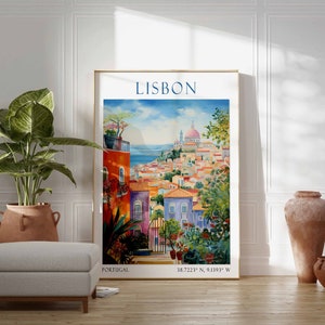 May include: A colorful painting of Lisbon, Portugal, with the text "LISBON" and "PORTUGAL" at the top and "38.7223&deg; N, 9.1393&deg; W" at the bottom.