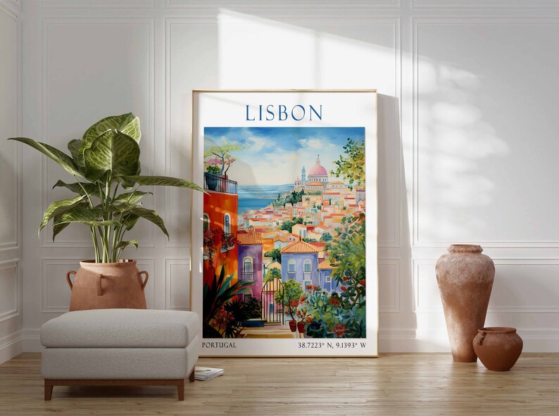 May include: A colorful painting of Lisbon, Portugal, with the text "LISBON" and "PORTUGAL" at the top and "38.7223&deg; N, 9.1393&deg; W" at the bottom.