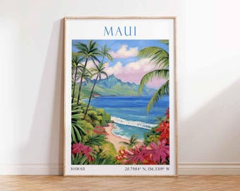 May include: A vintage travel poster featuring a scenic view of a beach in Maui, Hawaii. The poster has a blue background with a beach, ocean, and palm trees. The text "MAUI" is in blue at the top of the poster, and the text "HAWAII 20.7984° N, 156.3319° W" is at the bottom.