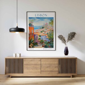 May include: A vintage travel poster featuring a colorful illustration of Lisbon, Portugal. The poster includes the city name "LISBON" in blue text, the coordinates "38.7223&deg; N, 9.1393&deg; W", and the word "PORTUGAL" in black text.