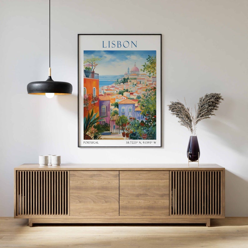 May include: A vintage travel poster featuring a colorful illustration of Lisbon, Portugal. The poster includes the city name "LISBON" in blue text, the coordinates "38.7223&deg; N, 9.1393&deg; W", and the word "PORTUGAL" in black text.