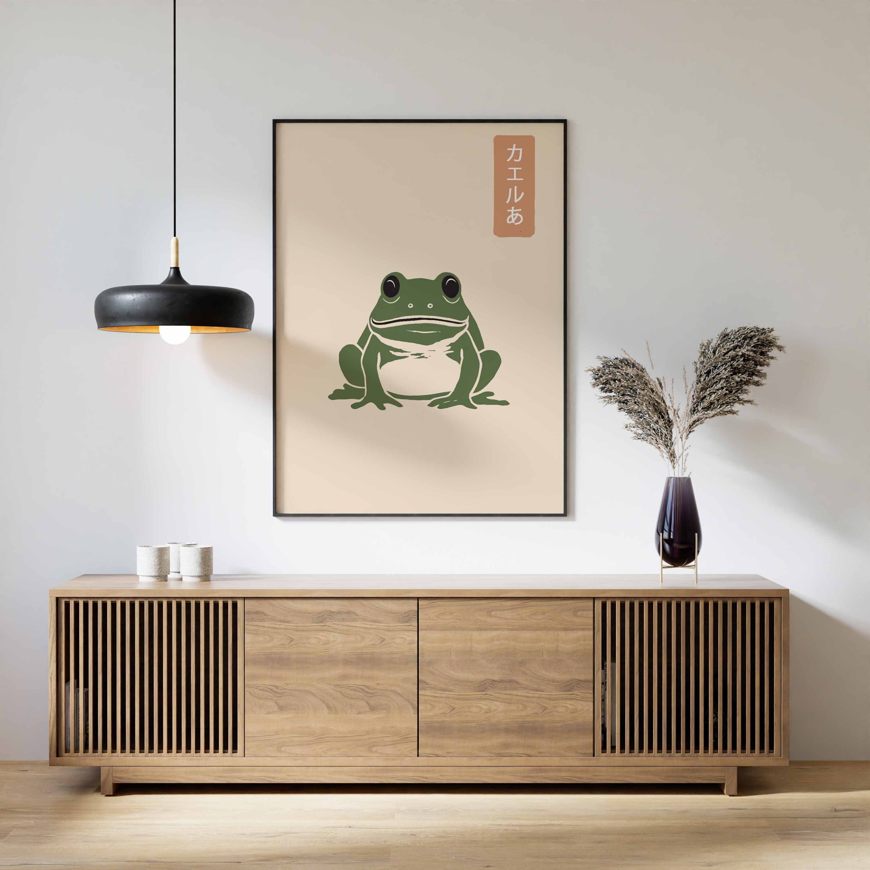 日本の松本宝治のカエルの版画、ビンテージのカエルの木版画のポスター