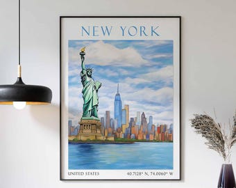 May include: A vintage-style poster featuring a colorful illustration of the Statue of Liberty and the New York City skyline. The poster has the text "NEW YORK" in bold blue letters at the top and "UNITED STATES" and the coordinates "40.7128° N, 74.0060° W" at the bottom.