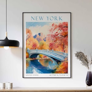 New York Print, wydruk Central Park, Bow Bridge, plakat New York, kochanek New York, sztuka New York, wydruk New York podróż, wydruk podróżny