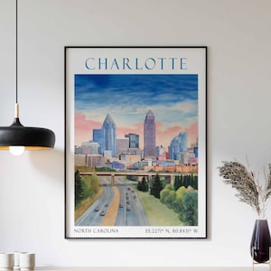 Charlotte North Carolina Travel Poster, Vintage Painting, Vacation Print, Retro Tourist Wall Art, Mid-Century Decor