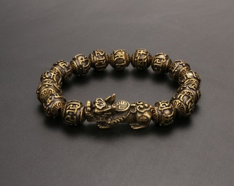 Vintage Style Brass PiXiu Animal Statue Buckle Men Prayer Beads Bracelet