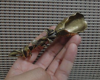 Vintage Style Solid Brass Pure Copper Lotus Flower Statue Shovel Spoon Tea Tool