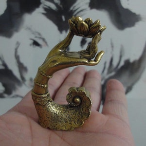 Vintage Style Solid Brass Copper Hand Holding Lotus Flower Statue Incense Stick Holder