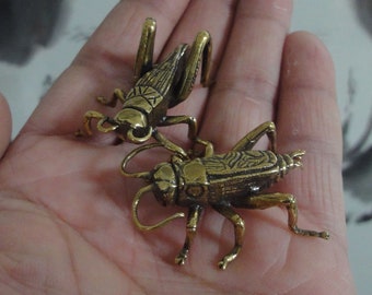 Pair of Vintage Style Solid Brass Copper Cricket Insect Statues Sculptures