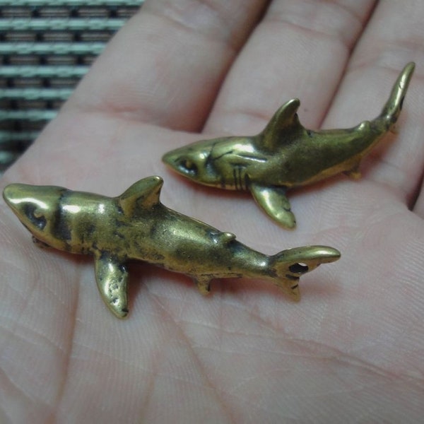 Vintage Style Pair of Solid Brass Cute Sharks Animals Figurine Statues for Home Decor