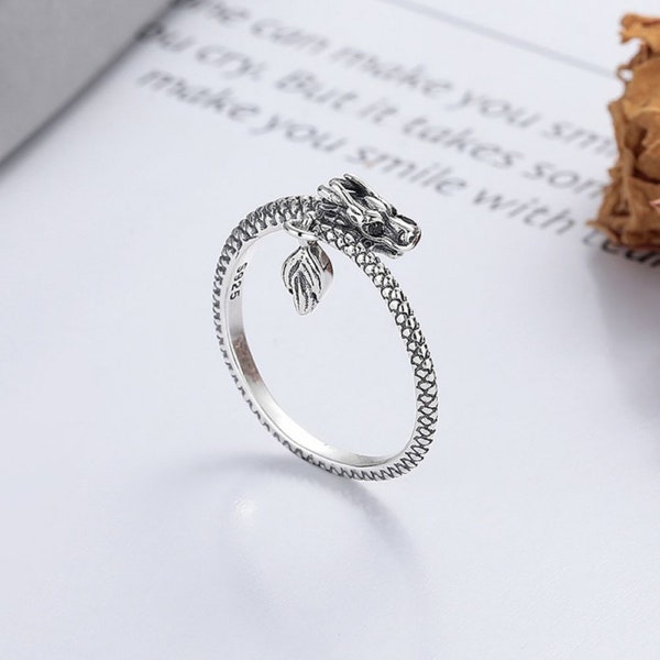 Vintage Style 925 Sterling Silver Zodiac Dragon Loong Statue Women Open Ring