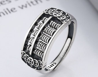 Vintage Style 925 Sterling Silver Abacus with Rotating Beads Women Adjustable Open Ring