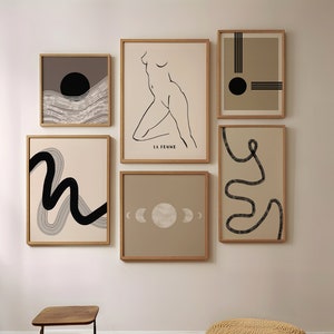 Set of 6 Digital Gallery Wall Prints / Neutral Mid-Century Modern Art / Contemporary Abstracts / Mix and Match for Boho Apartment or Dorm