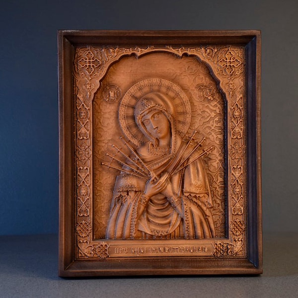 Madre de Dios Siete Flechas “Ablandamiento de Corazones Malignos” Icono tallado en madera decoración tallada hecha a mano Icono cristiano Santo Rostro Tablero de madera