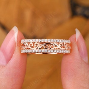 Antique Diamond Wedding Band, Full Eternity Filigree Moissanite Ring, Art Deco Pave Round Cut Diamond Floral Bridal Ring, Anniversary Gift