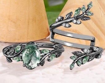 Art deco oval shaped moss agate engagement ring Solid 14k black gold twist bridal set Unique leaf twig enhance wedding band Anniversary gift
