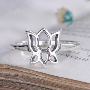 Lotus Ring 925 Sterling Silver Oxidized Hollow Lotus Flower Band Handmade Bohemian Stackable Ring Spiritual Yoga Jewelry Gift For Women Her