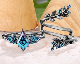 Gothic kite cut alexandrite engagement ring set Solid 14K black gold half eternity propose promise ring Leaf twig enhance stack wedding band