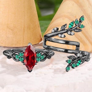 Marquise Cut Ruby Engagement Ring Set Art Deco July Brithstone Bridal Promise Ring Gifts Vintage Black Gold Leaf Twig Enhance Wedding Band